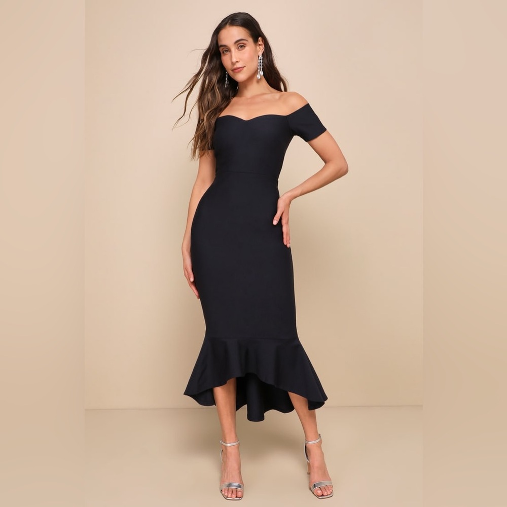Lulu's How Much I Care Midnight Blue Off-the-Shoulder Midi Dress - Midnight Blue